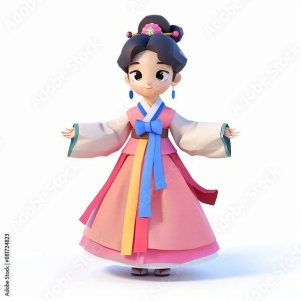 Fototapeta D Render, Low Poly style of a Korean hanbok-clad character, on isolated white background, Generative AI