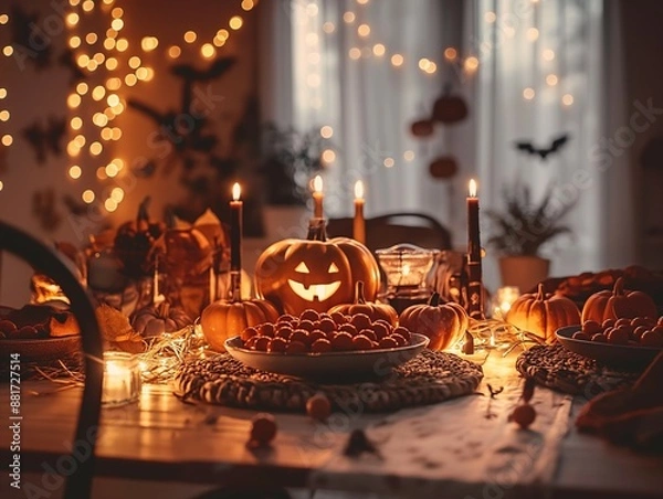Fototapeta Cozy and Warm Photo of a Halloween-Themed Table Setting for a Festive Dinner Party