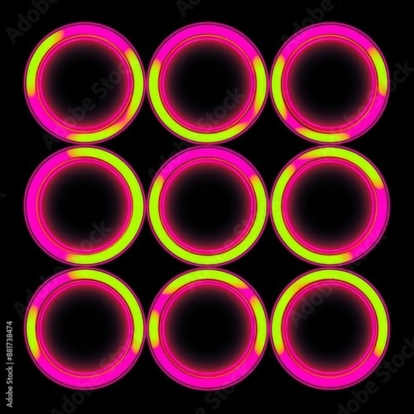 Fototapeta Nine glowing circles, alternating between pink and green, are arranged in a 3x3 grid on a black background