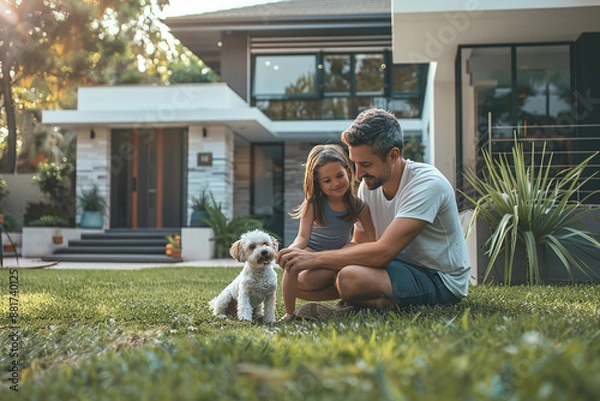 Obraz A father and daughter playing with their small white dog on a well-manicured lawn in front of a modern house.