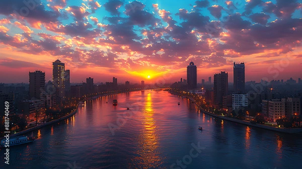 Obraz River surrounded by city at sunset. Generative AI illustration 