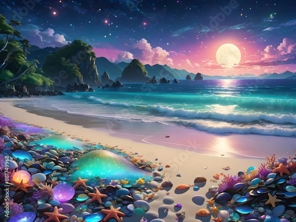 Obraz Generative AI. Beautiful bioluminescent beaches filled with colorful shells, glowing starfish and opal pearls on moonlit nights.