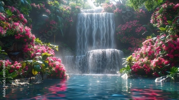 Fototapeta Serene tropical waterfall cascading into a turquoise pool, surrounded by vibrant flowers and lush greenery in a peaceful forest setting.