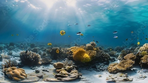 Fototapeta Fish and coral reefs under the sea Underwater background Coral reef and fish underwater world 360Degree view : Generative AI