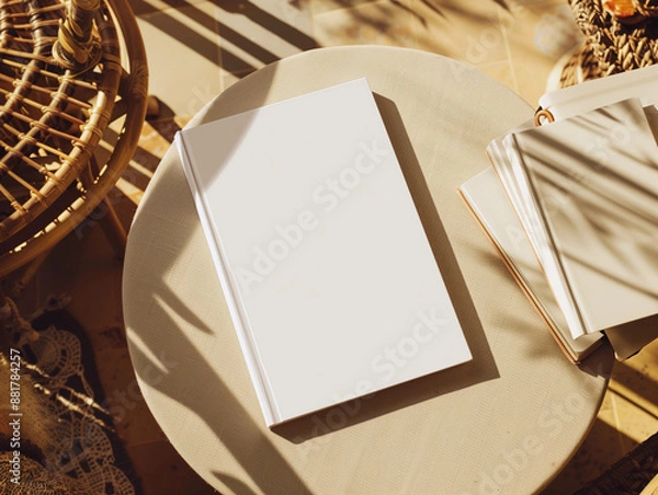 Fototapeta Plain simple blank white journal book in rustic retail shop display with dried wheat basket country chic natural aesthetic mockup template front cover empty text copy space branding campaign POD