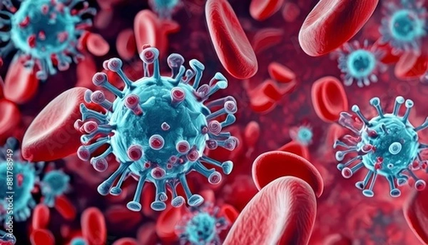 Obraz Microscopic enlargement of blue virus among red Blood cells in Artery - floating cells in body -covid, influenza, sars, corona, hiv, mers, cholera, variola, measles - disease organisms