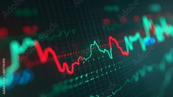 Fototapeta Financial stock market graph trend, fluctuating chart in green and red, business and investment data analysis, trading screen close-up. Abstract blur background.