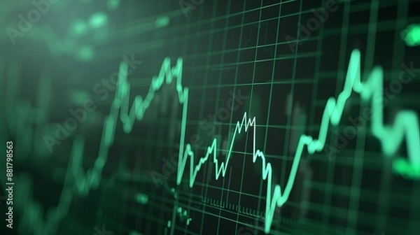 Fototapeta Stock market graph showing financial trends, displaying upward and downward fluctuations on a green digital screen. Abstract blur background.
