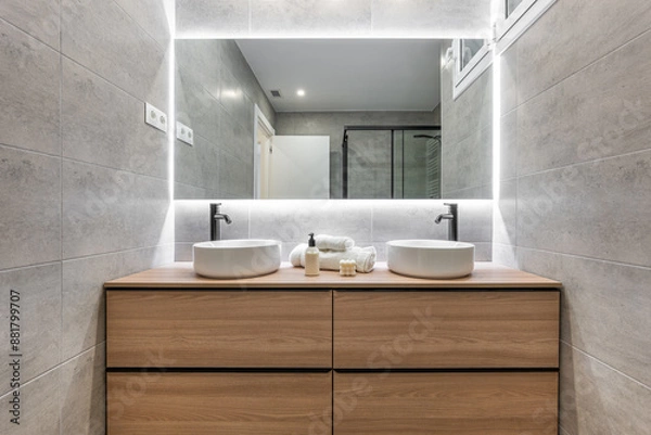 Fototapeta Modern bathroom with illuminated mirror and double vanity for a chic and contemporary look