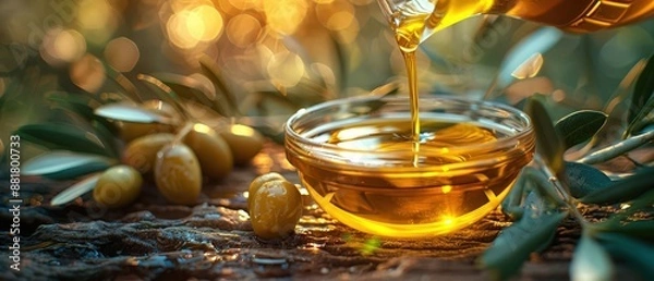 Obraz Golden olive oil being poured into a glass bowl surrounded by olives and olive branches in a warm, sunlit setting.