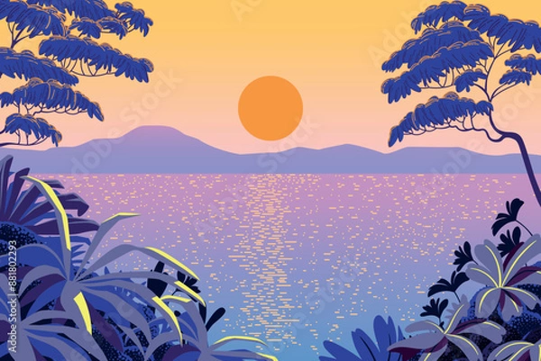 Obraz Tropical exotic romantic landscape with traditional jungle and plants in the front and island and sea in the background. Handmade drawing vector illustration.