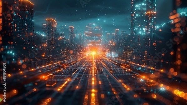 Fototapeta Futuristic cyberpunk cityscape at night with vibrant neon lights, skyscrapers, and a digital matrix overlay, creating a tech-forward urban landscape.