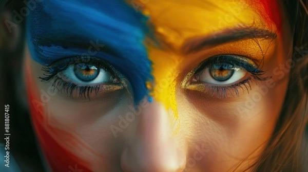 Fototapeta Close-Up of Woman's Face with Blue Eyes and Spanish Flag Colors Painted on Cheek - Generative AI