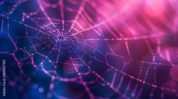 Fototapeta Close-up of a spider web illuminated by vibrant pink and purple light, creating a magical, ethereal atmosphere.