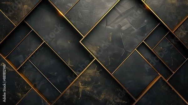 Fototapeta Dark black background with golden geometric lines texture.