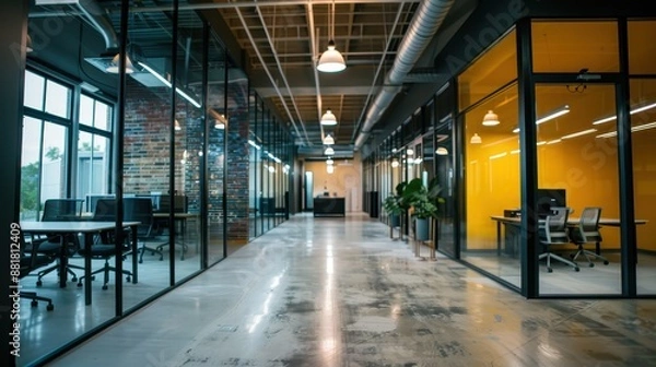 Obraz Modern Open Office Space with Glass Partitions, Exposed Ceilings, and Industrial Design Elements