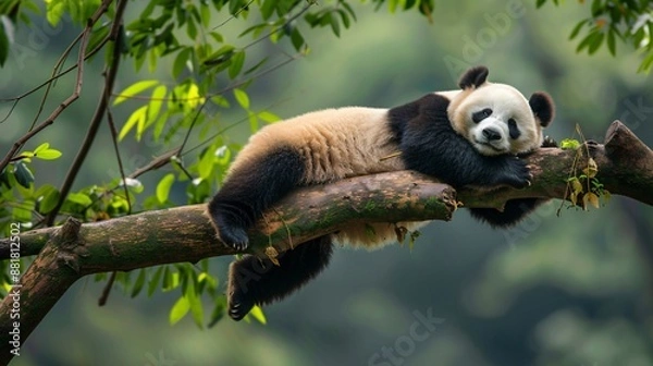 Fototapeta A drowsy panda bear stretched out on a tree limb.