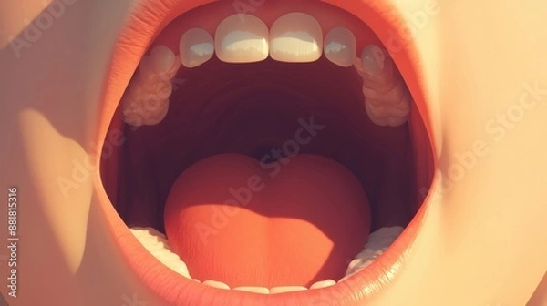 Fototapeta Persons mouth wide open in closeup, capturing inside details, soft focus, warm tones