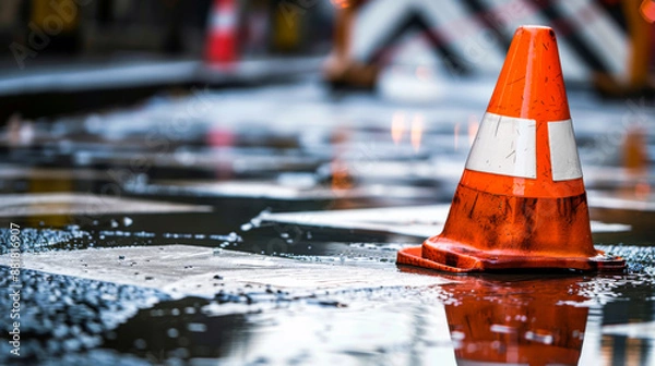 Fototapeta Close-up of bright cone standing on wet asphalt road. Prevention of poor quality construction. Traffic cone blocks road, blocking access through a construction site. Concept of construction, safety.