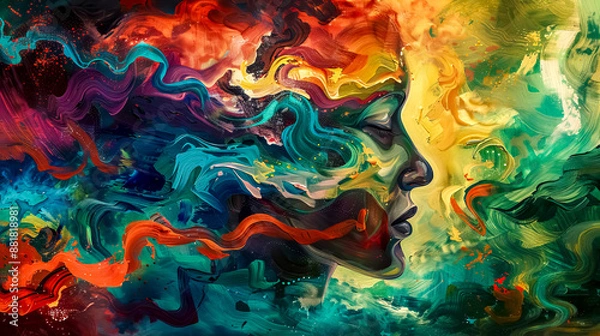 Fototapeta Woman face emerging from colorful abstract painting background