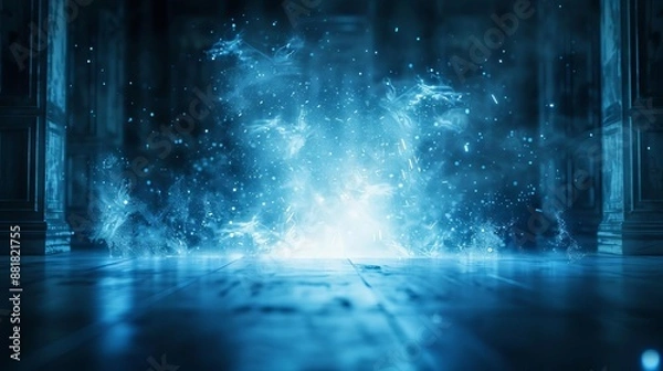 Fototapeta Mystical blue energy burst in a dark, ancient room, creating an ethereal and enchanting atmosphere with sparkling particles.