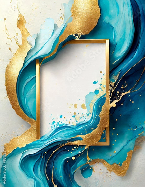 Fototapeta Golden frame with teal ink waves or watercolor paint stains on a white background