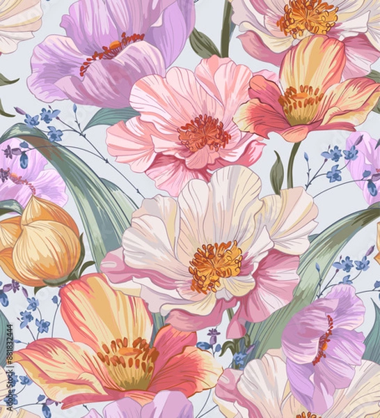 Fototapeta Summer flowers. Vector seamless pattern. 