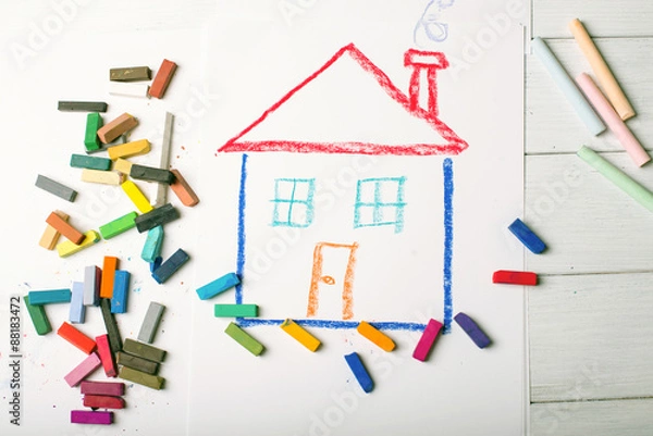 Fototapeta Design Concept for real estate - color dry pastel on a white and wooden background. Top view.