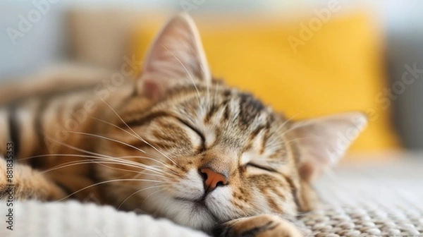 Fototapeta An enchanting tabby kitten sleeps comfortably on a soft cushion, basking in the cozy ambiance of a home interior. Its peaceful expression exudes warmth and contentment.