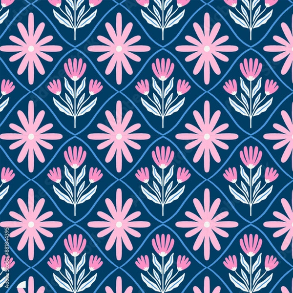 Fototapeta Geometrical retro pattern with flowers. Print for greeting card, wrapping paper, textile, wallpaper and invitation background.