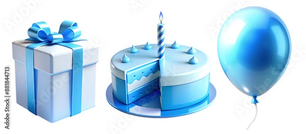 Obraz Set of blue 3D decorations for a boy's birthday isolated on a transparent background. Toy plastic three-dimensional holiday icons for a children's party. Balloons, gift box, cake.