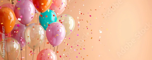 Fototapeta A colorful birthday party background with balloons in different hues, against a soft peach background with space for text.