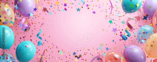Fototapeta A cheerful birthday card background with balloons, stars, and streamers framing the edges, leaving room for copy in the center.