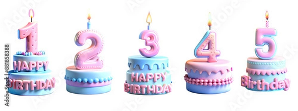 Obraz Set of blue pink 3D birthday decorations isolated on transparent background. Toy plastic three-dimensional holiday icons elegant cake with a burning candle number from 1 to 5 years.