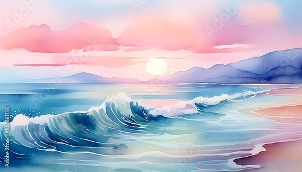 Fototapeta Serene watercolor depiction of a calm sea at dawn, with gentle waves and a pastel sky.