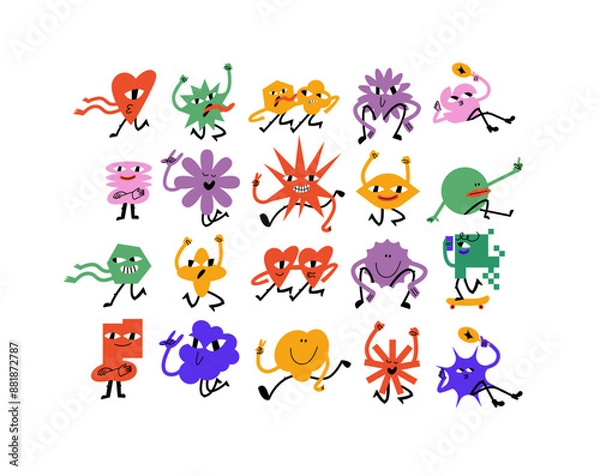 Fototapeta Vector illustration set of cartoon geometric shapes characters ?n retro style. Groovy stickers with different emotions for social media
