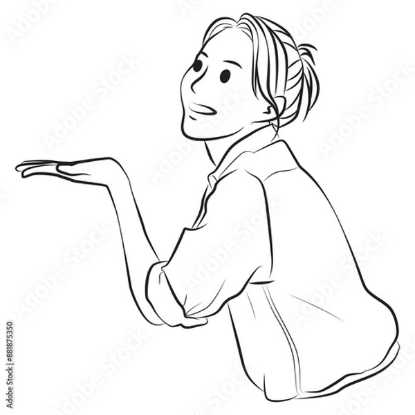 Fototapeta girl smiling shows something pose line art cartoon illustration