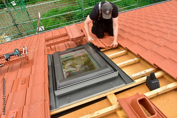Obraz Dachfenster wird in ein neu zu deckendes Ziegeldach eingebaut