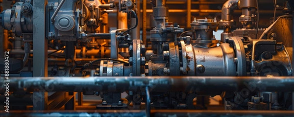 Fototapeta A mechanical background with a focus on hydraulic machinery, including pumps, valves, and cylinders, illustrating power and mechanical force.