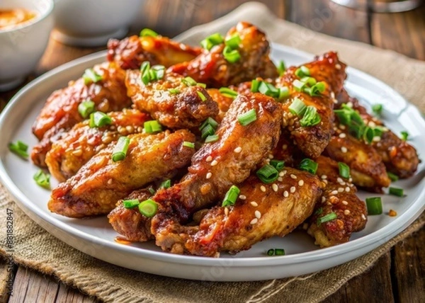 Obraz Crunchy Korean-style fried chicken wings smothered in savory sauce and garnished with vibrant green onions, served steaming hot on a white ceramic plate.