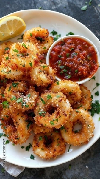 Fototapeta Crispy Fried Calamari Rings with Marinara Sauce and Lemon Wedges