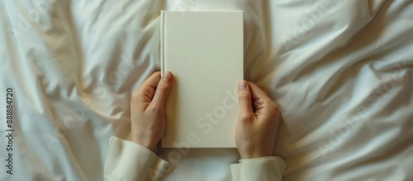 Obraz White Book Held by Two Hands on a Bed