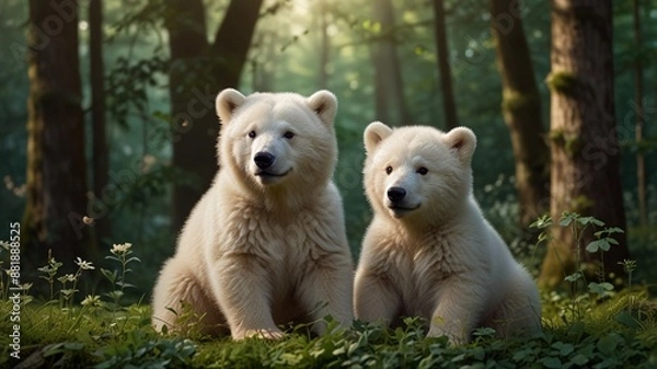 Obraz Whimsical and charming illustration featuring two adorable white bears with soft, fluffy fur.  green forest setting, surrounded by clovers and  leaves. 