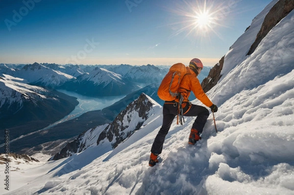 Obraz A climber on a high snow-covered mountain peak in the rays of the sun makes an ascent