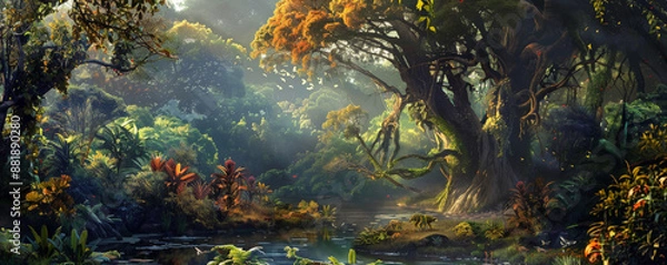 Fototapeta A safe planet backdrop featuring a protected forest reserve, with diverse tree species, vibrant wildlife, and a sense of natural beauty.