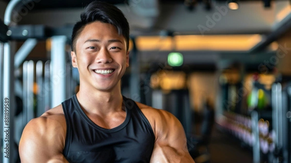 Fototapeta A fit man in a black tank top, grinning, stands with folded arms in a brightly lit gym environment.