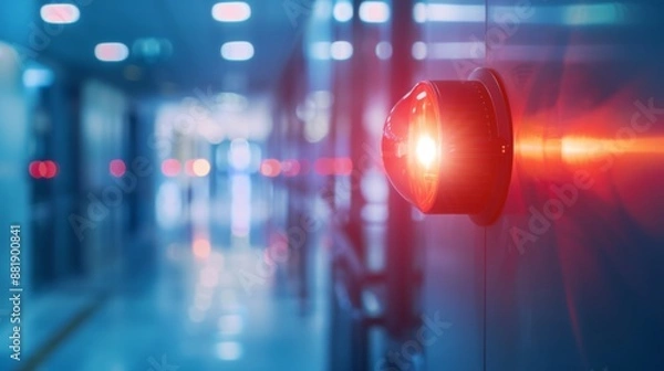 Fototapeta A fire alarm strobe light flashing urgently on a wall in a commercial building during an evacuation.