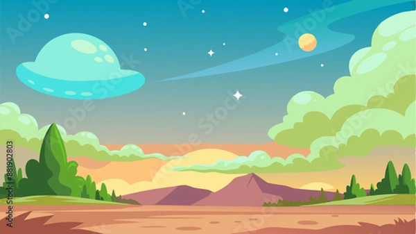 Fototapeta Cartoon landscape with a flying saucer in the sky