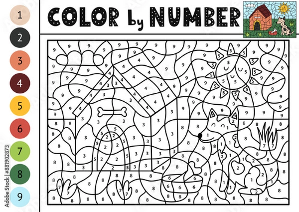 Fototapeta Color by number activity page for kids with a cute dog sitting near his doghouse. Funny animal character  puzzle game for school and preschool. Vector illustration
