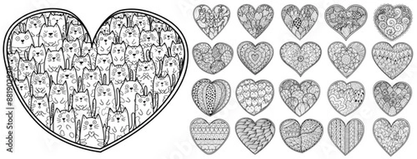 Fototapeta Doodle heart mandalas bundle. Big collection with hand drawn mandalas. Floral and abstract ornaments, funny cats. Great for coloring book, Valentine’s day, cards and prints. Vector illustration